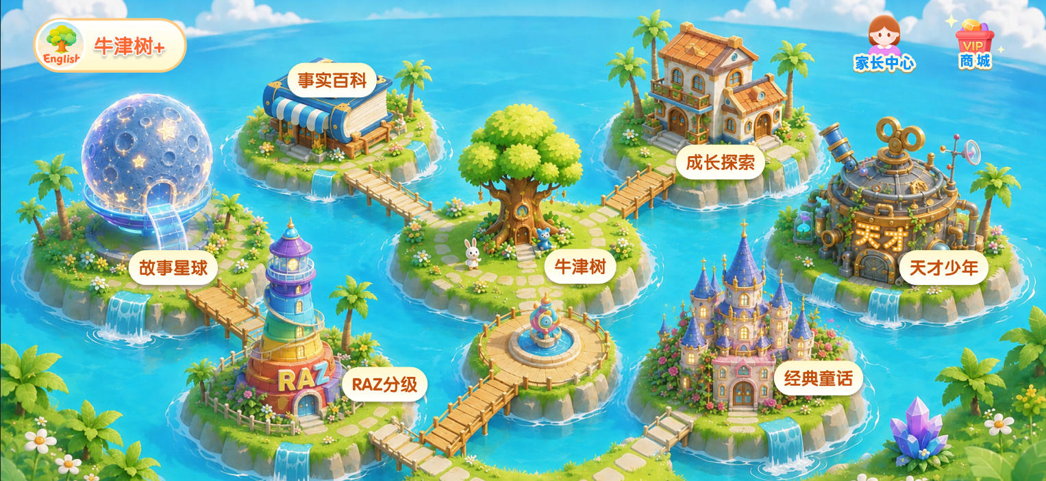 牛津树+ APP 首页，展示七大英文绘本入口